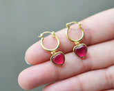 Silver Dangle Hoop Earrings, Pink Tourmaline Heart Shape Drop Earring, Gold Plated Gemstone Silver Hoop Earrings, Anniversary Gift Earrings